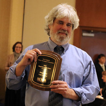 Doug Fraser of the Cape Cod Times of Hyannis, Mass., displays his award plaque for the New England Newspaper and Press Association’s Daily Reporter of the Year.
Bulletin photo by Kareya Saleh