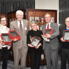 Hall of Fame Inductees. Left to rt: Mary Murphy representing her late husband W. Zachary (Bill) Malinowski, John Widdison, Pamela Heinrich MacPherson representing her father Frank Heinrich, Joseph W. McQuaid, and Bob Katzen at the New England Newspaper Convention, 2019.